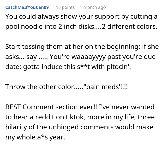 Reddit comment suggesting using pool noodles humorously to induce labor at sister’s re-birth party for awkward situations. Reddit comment suggesting using pool noodles humorously to induce labor at sister’s re-birth party for awkward situations.