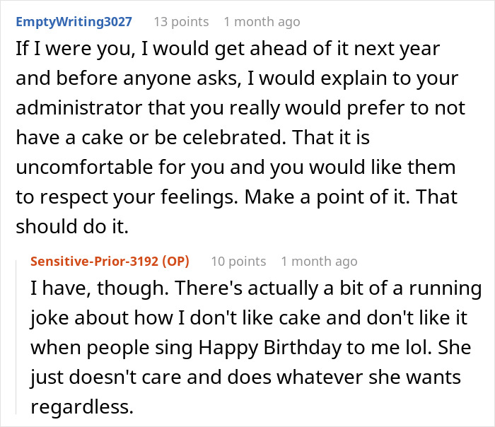 Comment thread showing a conversation about an annoyed worker birthday cake and not wanting to be celebrated at work. Comment thread showing a conversation about an annoyed worker birthday cake and not wanting to be celebrated at work.