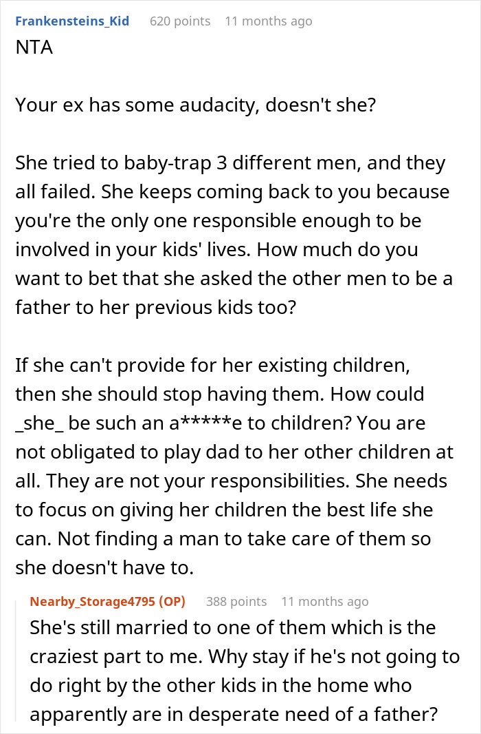 Comment discussing a woman who cheats and wants her partner to care for her children with other men. Comment discussing a woman who cheats and wants her partner to care for her children with other men.