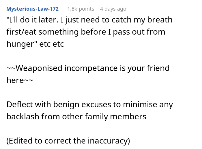 Text post discussing weaponised incompetence and family dynamics with SIL lounging while BIL manages childcare responsibilities. Text post discussing weaponised incompetence and family dynamics with SIL lounging while BIL manages childcare responsibilities.