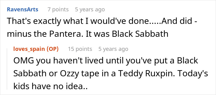 Screenshot of online comments about turning a 6-year-old into a mini metalhead with Black Sabbath and Ozzy music. Screenshot of online comments about turning a 6-year-old into a mini metalhead with Black Sabbath and Ozzy music.