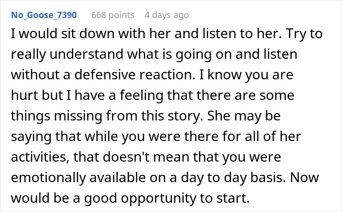 Reddit comment advising a father to listen and understand his daughter's feelings about generational trauma without being defensive.