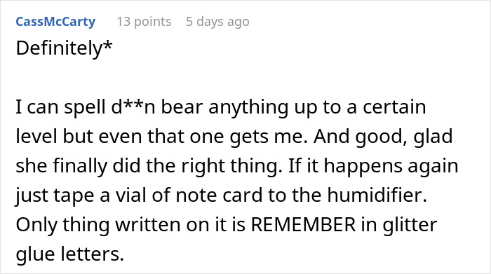 Screenshot of a forum comment discussing a woman putting glitter in roommate’s humidifier after clothes theft. Screenshot of a forum comment discussing a woman putting glitter in roommate’s humidifier after clothes theft.