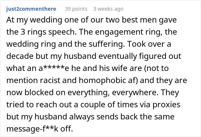 Comment describing a best man’s speech comparing the groom’s bride choice to an IKEA shopping trip, shocking guests.