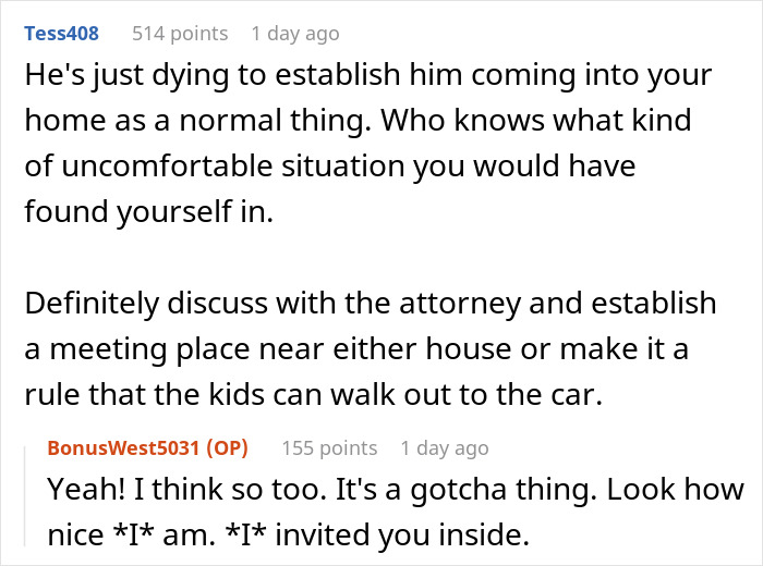 Screenshot of online forum conversation discussing refusal to let ex’s stepkid use bathroom amid concerns of snooping. Screenshot of online forum conversation discussing refusal to let ex’s stepkid use bathroom amid concerns of snooping.