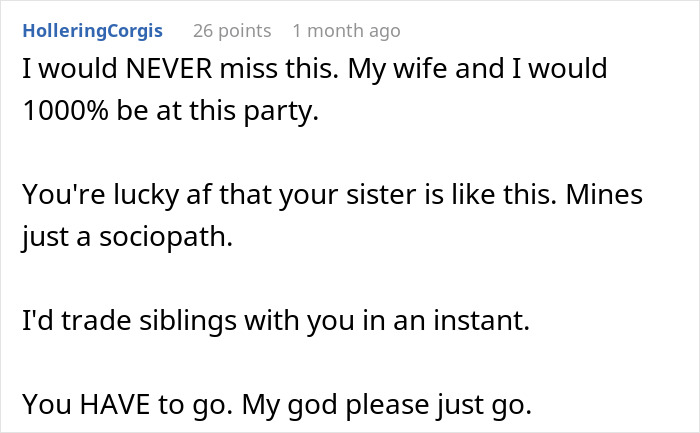Screenshot of an online comment thread discussing a guy skipping his sister’s rebirth party due to discomfort. Screenshot of an online comment thread discussing a guy skipping his sister’s rebirth party due to discomfort.