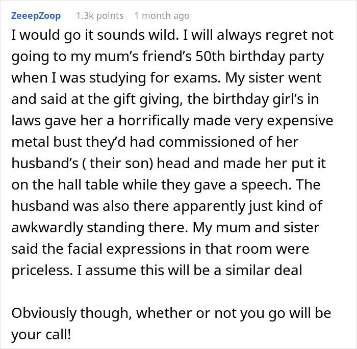 Screenshot of a Reddit comment describing awkward moments at a family party about a controversial re-birth event. Screenshot of a Reddit comment describing awkward moments at a family party about a controversial re-birth event.
