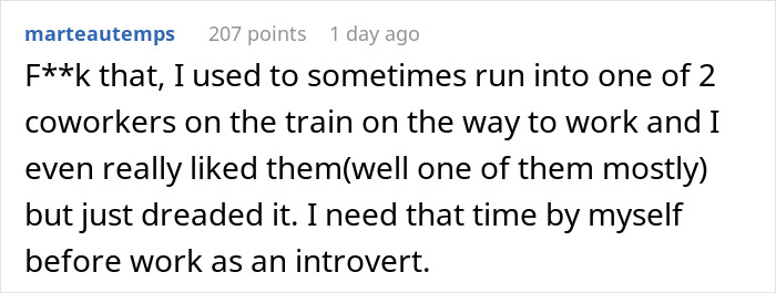 Comment about woman living quietly and coworker demanding rides without notice, highlighting introvert needing personal time before work.
