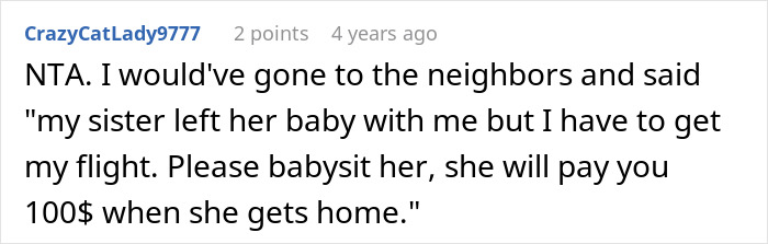 Screenshot of a Reddit comment discussing a woman missing her flight babysitting niece and asking parents for compensation. Screenshot of a Reddit comment discussing a woman missing her flight babysitting niece and asking parents for compensation.
