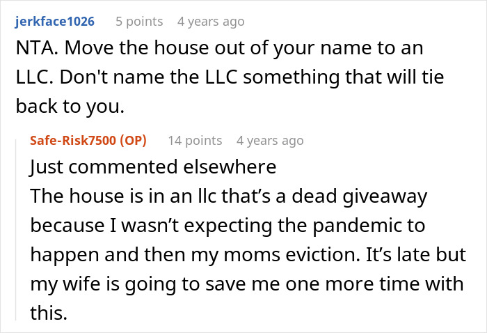 Screenshot of a Reddit conversation about secretly owning and renting a house to a family member through an LLC. Screenshot of a Reddit conversation about secretly owning and renting a house to a family member through an LLC.