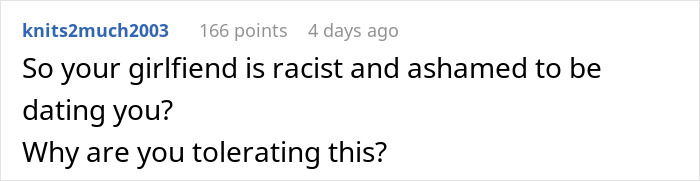 Comment on social media questioning why a man tolerates a racist and ashamed girlfriend in a public relationship drama. Comment on social media questioning why a man tolerates a racist and ashamed girlfriend in a public relationship drama.