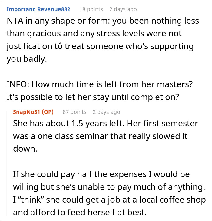 Reddit conversation discussing a guy asking his ex to move out and her concern about dropping out of school. Reddit conversation discussing a guy asking his ex to move out and her concern about dropping out of school.