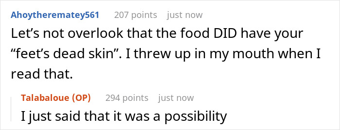 Screenshot of a Reddit conversation about adding menstrual blood to food to prevent theft, showing user comments.