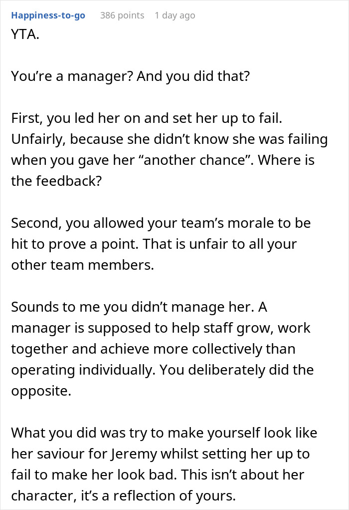 Screenshot of a forum comment discussing management and team morale issues related to a friend getting fired situation. Screenshot of a forum comment discussing management and team morale issues related to a friend getting fired situation.