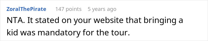 Screenshot of an online comment explaining a tour company requires kids for family tours, linked to bad reviews.