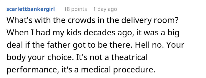 User comment discussing crowded delivery room experiences and emphasizing the medical nature over performance during baby birth DNA procedures.