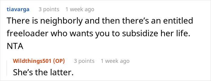 Screenshot of a social media comment calling out an entitled freeloading neighbor over an $85 grocery bill dispute. Screenshot of a social media comment calling out an entitled freeloading neighbor over an $85 grocery bill dispute.