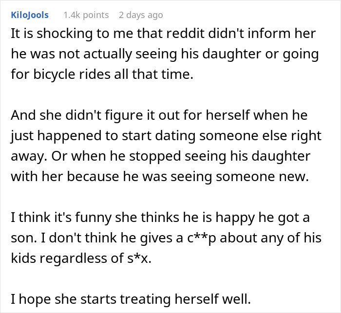Screenshot of a Reddit comment discussing a man canceling plans to go on a cycle trip instead of seeing his daughter. Screenshot of a Reddit comment discussing a man canceling plans to go on a cycle trip instead of seeing his daughter.