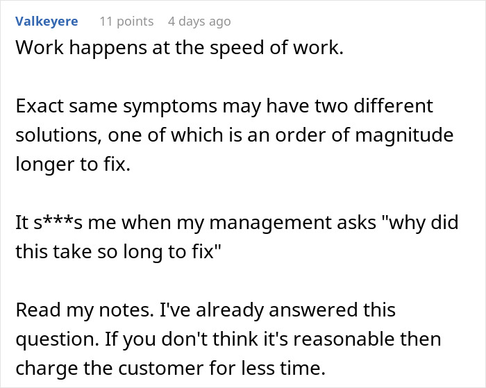 Text post discussing work speed issues and frustration with management ignoring messages after client updates.