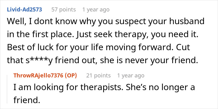 Reddit user advises therapy after bestie forcefully kissed husband, raising suspicion about a possible affair. Reddit user advises therapy after bestie forcefully kissed husband, raising suspicion about a possible affair.