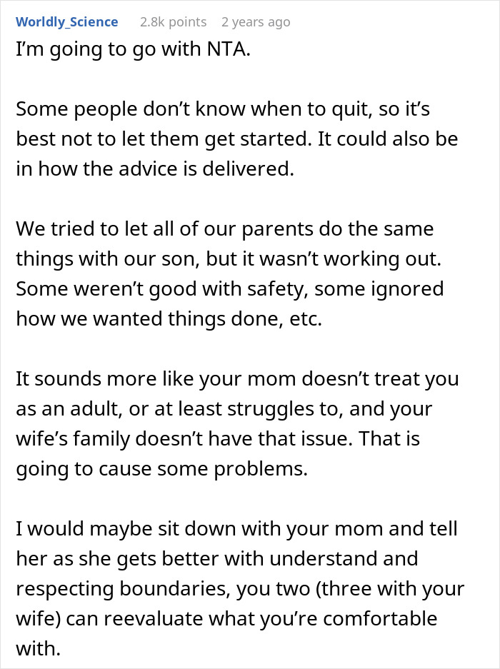 Alt text: Online forum discussion about mom being overprotective while son lets in-laws help with baby care and family boundaries. Alt text: Online forum discussion about mom being overprotective while son lets in-laws help with baby care and family boundaries.