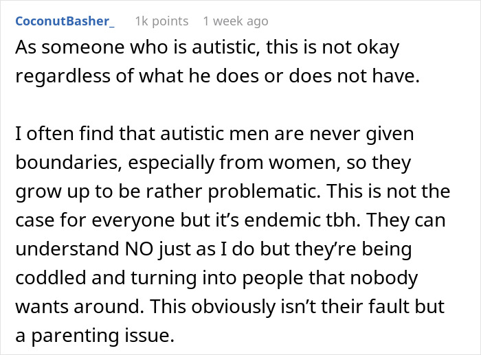 Text post discussing a mom feeling unsafe around her autistic brother and family ignoring her safety concerns.