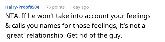 Screenshot of an online comment advising a bride to reconsider her relationship due to ignored feelings about the caterer. Screenshot of an online comment advising a bride to reconsider her relationship due to ignored feelings about the caterer.