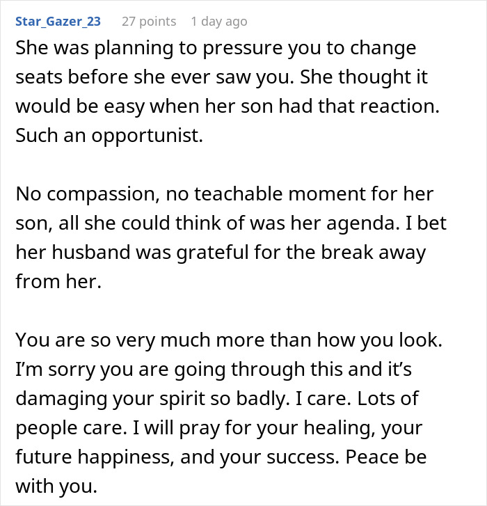 Screenshot of a Reddit comment expressing support for a cancer survivor facing discrimination on a plane. Screenshot of a Reddit comment expressing support for a cancer survivor facing discrimination on a plane.
