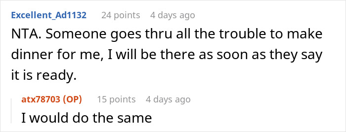 Screenshot of an online discussion about family’s entitled behavior and being refused dinner due to unfair expectations.