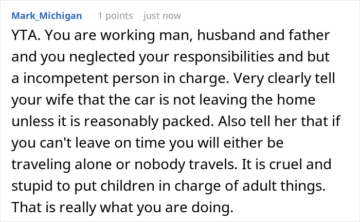 Reddit comment criticizing husband for neglecting responsibilities, highlighting travel issues caused by wife’s quirk. Reddit comment criticizing husband for neglecting responsibilities, highlighting travel issues caused by wife’s quirk.