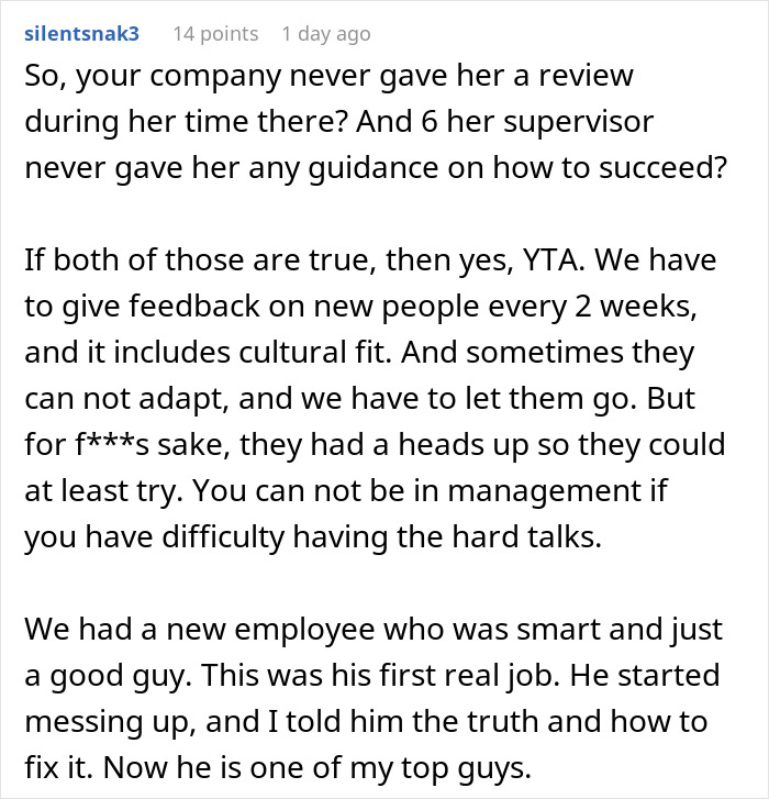 Screenshot of a Reddit comment discussing management, feedback, and consequences related to a friend getting fired. Screenshot of a Reddit comment discussing management, feedback, and consequences related to a friend getting fired.