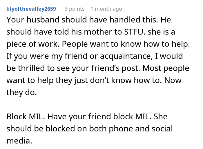Comment advising to block MIL after woman battling cancer asks for help, highlighting family conflict and support challenges. Comment advising to block MIL after woman battling cancer asks for help, highlighting family conflict and support challenges.