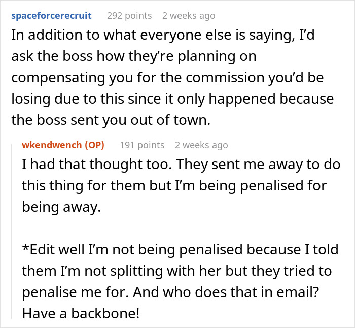 Discussion about a lazy worker demanding half of coworker’s commission for minimal help despite being sent away by the boss.