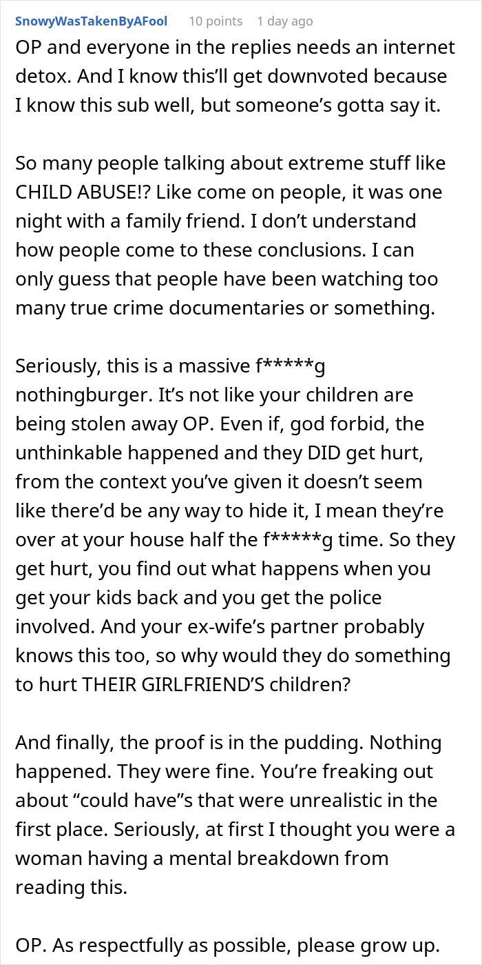Comment discussing an 8-year-old spending the night at mom’s boyfriend’s house and the dad’s reaction. Comment discussing an 8-year-old spending the night at mom’s boyfriend’s house and the dad’s reaction.