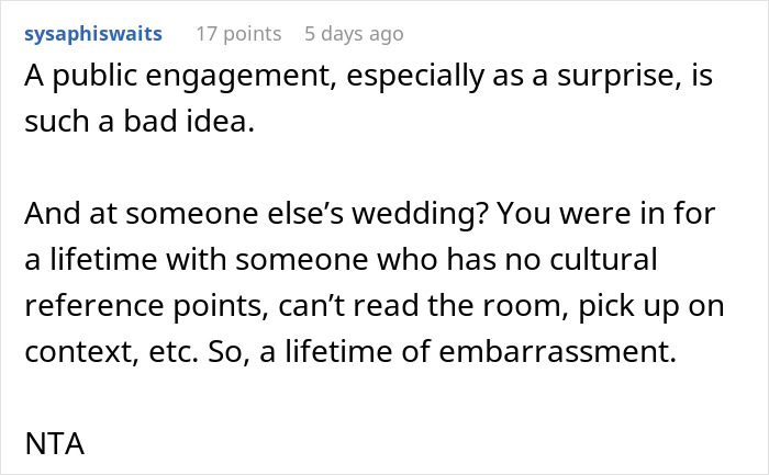 Comment discussing how a man plans public proposal at wedding, causing embarrassment and emotional distress.