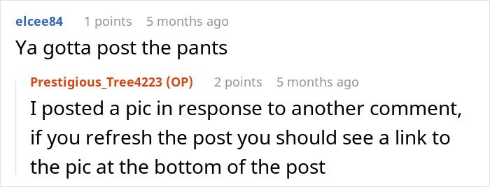 Screenshot of a conversation where a boomer complains about stranger’s pants and reacts to the unexpected response. Screenshot of a conversation where a boomer complains about stranger’s pants and reacts to the unexpected response.