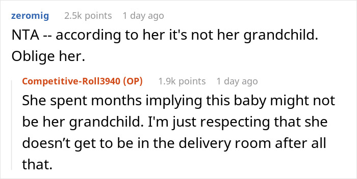 Screenshot of an online discussion about delivery room baby DNA and family relationships in a social media thread.