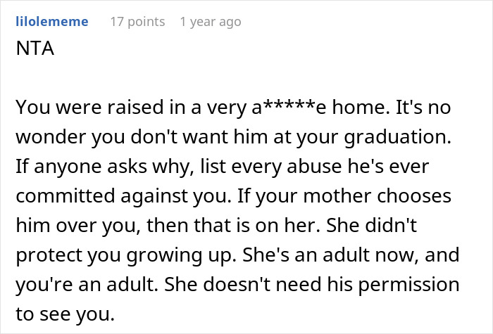 Comment discussing refusal to interact with unhinged stepfather due to past abuse and family dynamics. Comment discussing refusal to interact with unhinged stepfather due to past abuse and family dynamics.