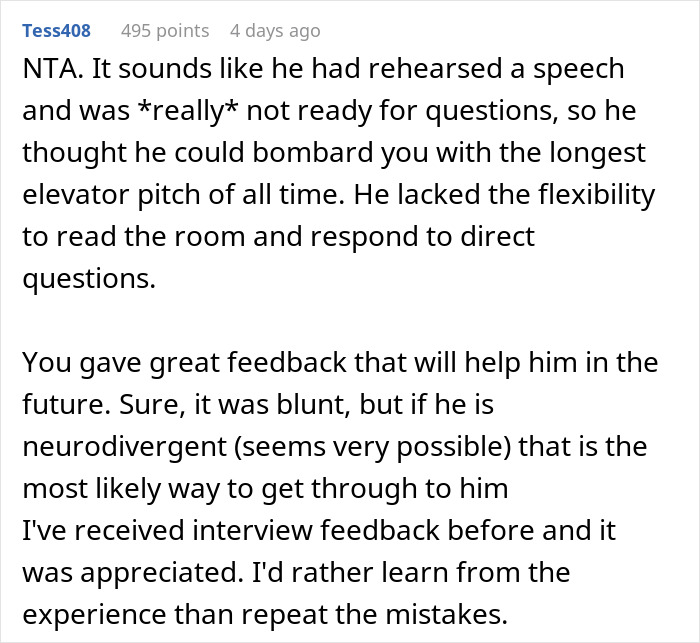 Screenshot of a Reddit comment discussing a job interview with a high chance of hiring but poor performance. Screenshot of a Reddit comment discussing a job interview with a high chance of hiring but poor performance.