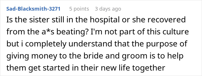 Comment discussing the bride sister steal money caught camera exposed incident and cultural context of giving money at weddings. Comment discussing the bride sister steal money caught camera exposed incident and cultural context of giving money at weddings.