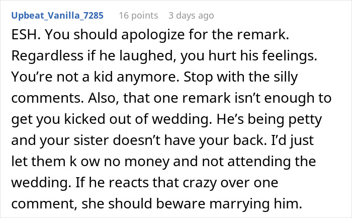 Reddit comment discussing BIL calling groom discount Ryan Reynolds and bride banning him from wedding event.