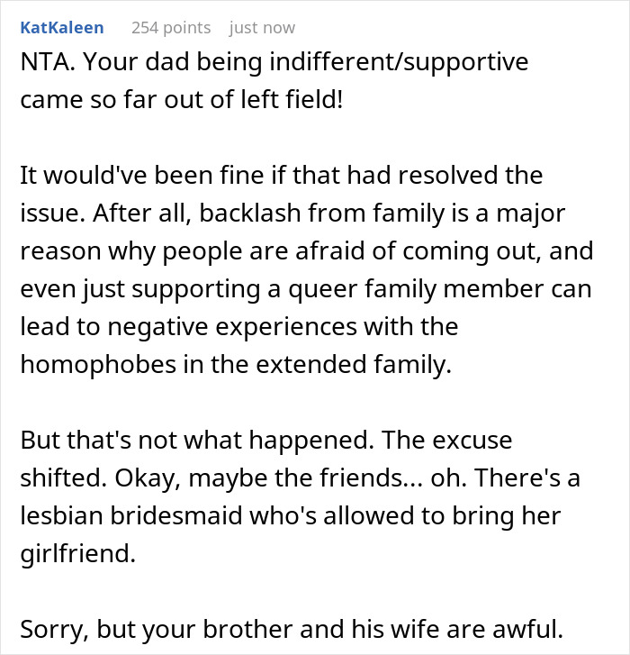 Screenshot of a comment discussing family backlash and support for a queer family member in a wedding context. Screenshot of a comment discussing family backlash and support for a queer family member in a wedding context.