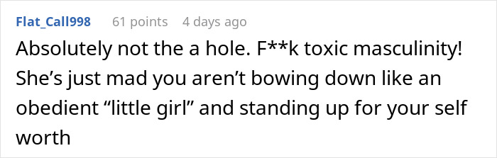 Screenshot of a social media comment defending a woman against toxic masculinity and supporting her job choice amid in-laws' demands. Screenshot of a social media comment defending a woman against toxic masculinity and supporting her job choice amid in-laws' demands.