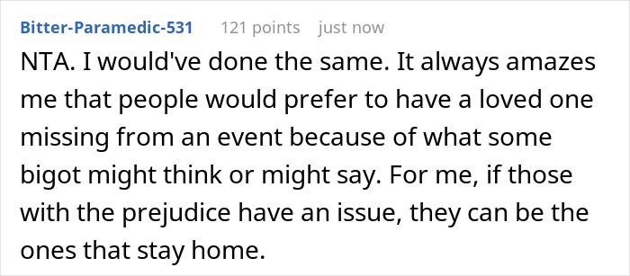 Screenshot of Reddit comment discussing exclusion and prejudice faced by gay man attending twin’s wedding with partner. Screenshot of Reddit comment discussing exclusion and prejudice faced by gay man attending twin’s wedding with partner.