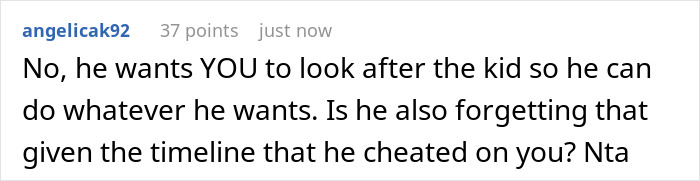 Comment discussing a woman meeting up with ex and being asked to co-parent his secret child, expressing distrust. Comment discussing a woman meeting up with ex and being asked to co-parent his secret child, expressing distrust.