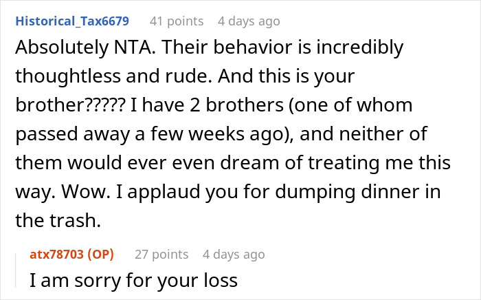 Screenshot of a Reddit conversation about family’s entitled behavior causing conflict and being banned after rude actions.