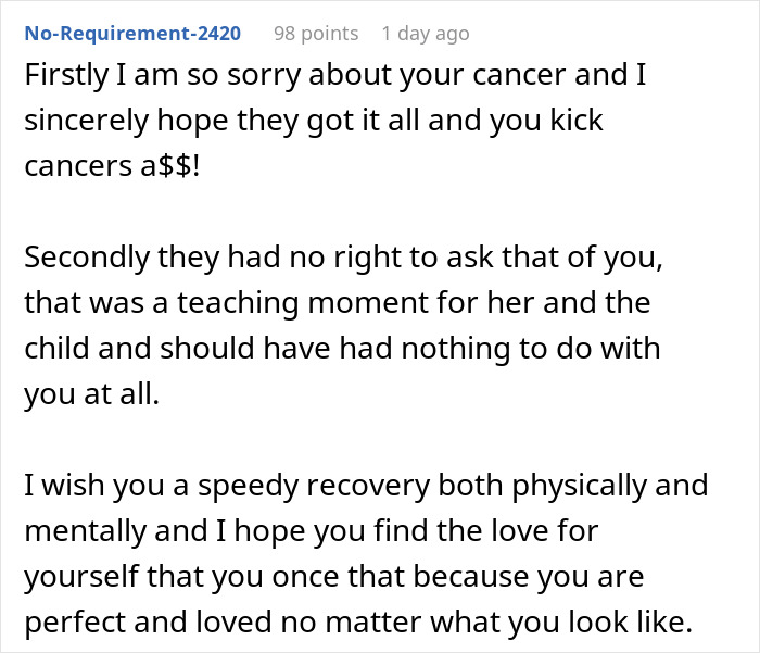 Comment expressing support for cancer survivor told to move from plane seat due to entitled lady’s kid. Comment expressing support for cancer survivor told to move from plane seat due to entitled lady’s kid.