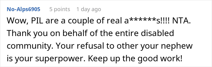 Screenshot of an online comment praising a bride for supporting her autistic nephew against groom's parents' accusations. Screenshot of an online comment praising a bride for supporting her autistic nephew against groom's parents' accusations.
