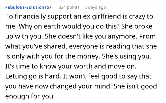 Comment discussing a guy asking his ex to move out after breakup, and her saying she might drop out of school. Comment discussing a guy asking his ex to move out after breakup, and her saying she might drop out of school.