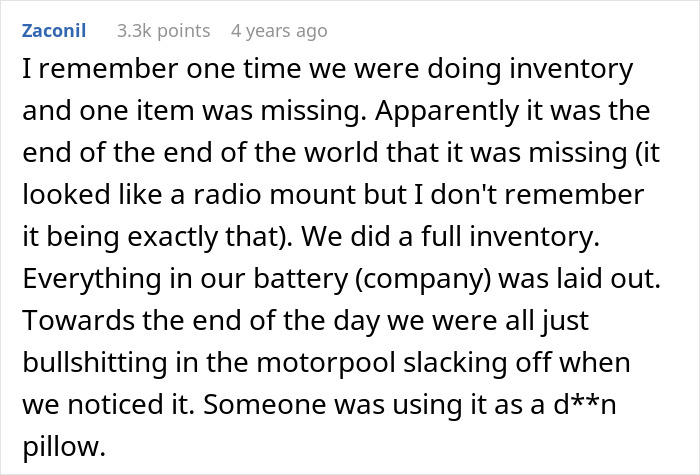 Comment discussing a soldier tracking missing equipment during inventory and discovering it being misused in the motorpool. Comment discussing a soldier tracking missing equipment during inventory and discovering it being misused in the motorpool.